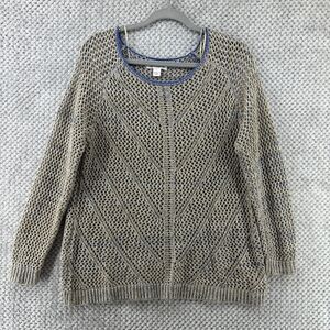 John Paul Richard Top Women L Beige Blue Crochet Scoop Neck Long Sleeves Beach